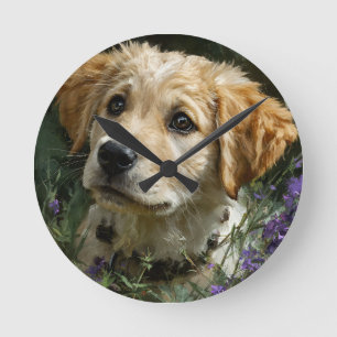 Reloj Redondo Mediano Mirada de Flor Silvestre Cachorro Dorado
