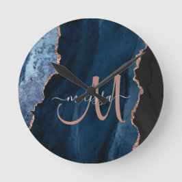 Reloj Redondo Mediano Moda Azul Rosa Agate Gold Script Monograma Persona