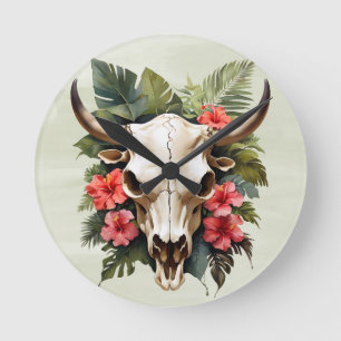 Reloj Redondo Mediano Moda Boho Acuarela Floral Tropical Cow Skull