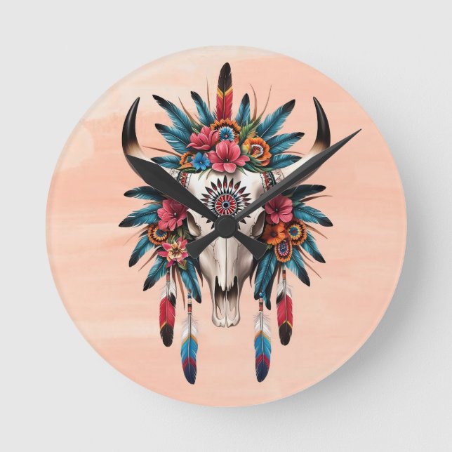 Reloj Redondo Mediano Moda Boho Acuarela Tribal Floral Cow Skull (Anverso)