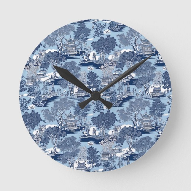 Reloj Redondo Mediano Moda Cabaña chinoiserie de sauce blanco azul (Anverso)