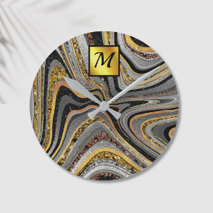 Reloj Redondo Mediano Moda Esparkle Purpurina mármol arte monograma oro 