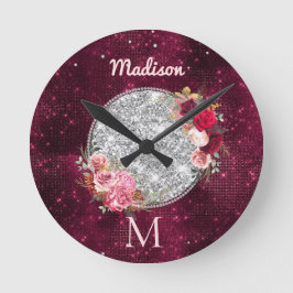 Reloj Redondo Mediano Moda falsa Purpurina plateado Burgundy Floral mono