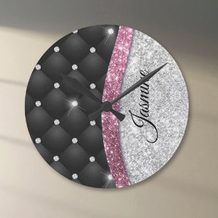 Reloj Redondo Mediano Moda giratoria purpurina plateado monograma rosa n