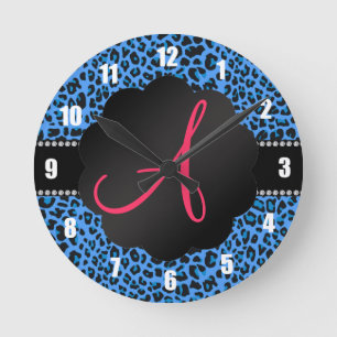 Reloj Redondo Mediano Modelo azul del leopardo del monograma
