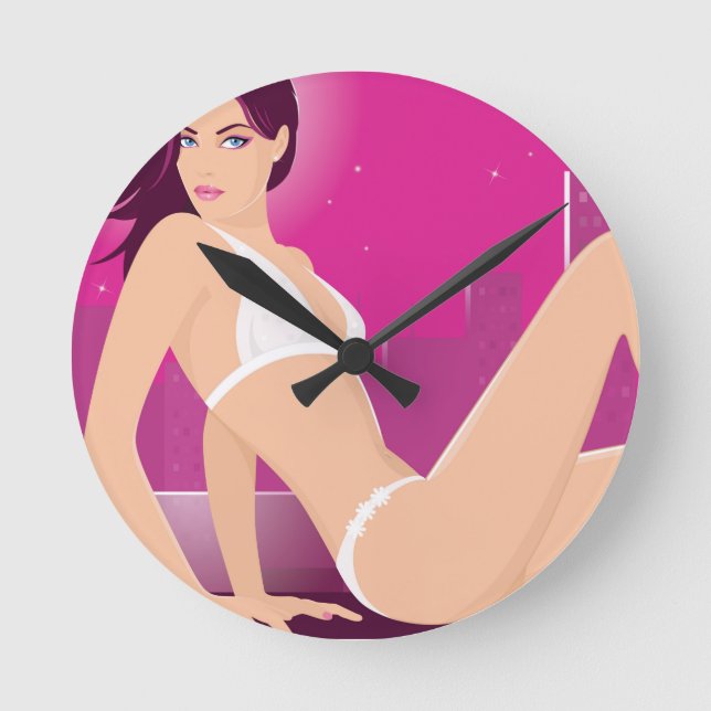 Reloj Redondo Mediano Modelo femenino exótico con bikini blanco (Anverso)