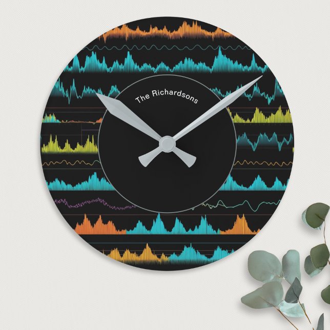Reloj Redondo Mediano Modern Abstract Sound Wave Pattern Personalized (A stylish personalized wall clock, with a pattern like sound waves in blue, green and orange)