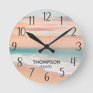Reloj Redondo Mediano Modern Beach Ocean Blue Naranja Sky