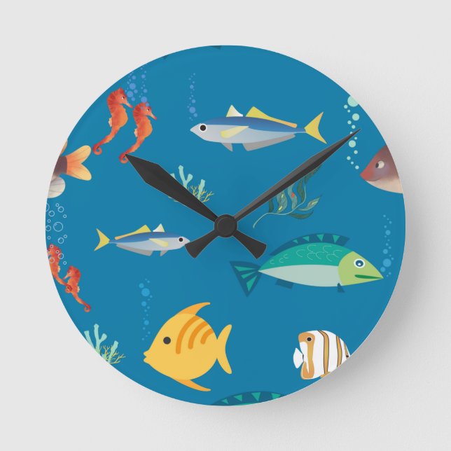 Reloj Redondo Mediano Modern Fish and Seahorse illustrated Pattern Blue (Anverso)