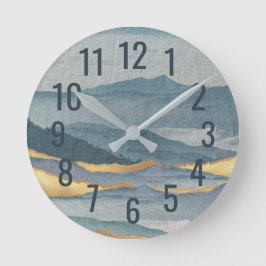 Reloj Redondo Mediano Moderna acuarela Arte Olas azules y doradas