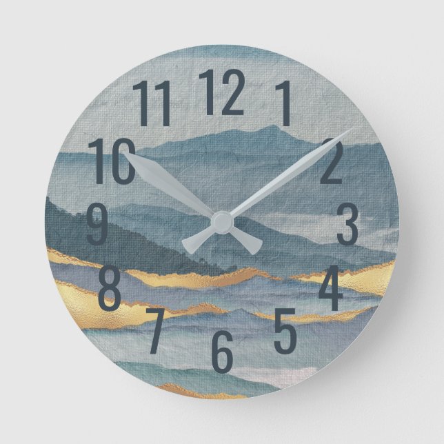 Reloj Redondo Mediano Moderna acuarela Arte Olas azules y doradas (Anverso)