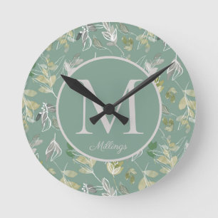 Reloj Redondo Mediano Moderna elegancia Sage Green Silver Leaves Monogra