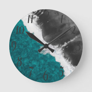 Reloj Redondo Mediano Modernas olas artísticas Verde azuladas del océano