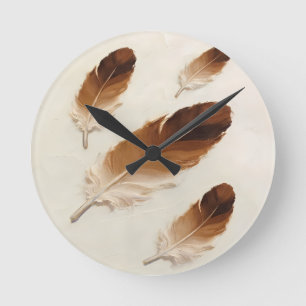 Reloj Redondo Mediano Moderno Acrílico Minimalista Marrón con Plumas en