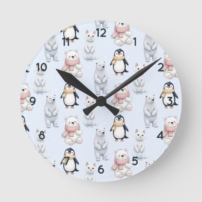 Reloj Redondo Mediano Moderno Trendy Bear pingüino gato Seamless Pattern (Anverso)