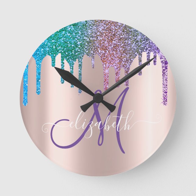 Reloj Redondo Mediano Moderno y elegante Purpurina Drin Rosa Monograma d (Anverso)