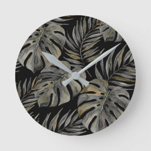 Reloj Redondo Mediano Moku Island Hawaiian Watercolor Monstera- Negro