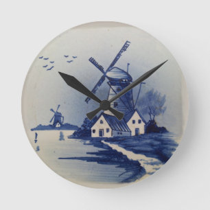 Reloj Redondo Mediano Molino de viento azul vintage Delft