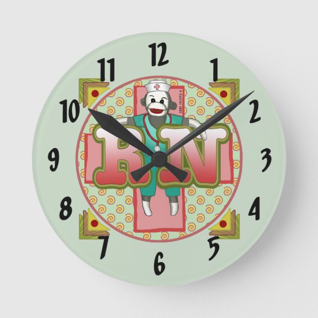 Reloj Redondo Mediano Mono de calcetín Enfermera RN (Anverso)