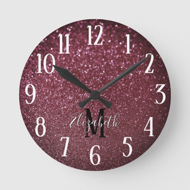 Reloj Redondo Mediano Monogram Elegant Burgundy Faux Bokeh Glitter (Anverso)