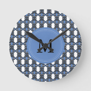 Reloj Redondo Mediano Monograma abstracto azul de encargo del modelo del