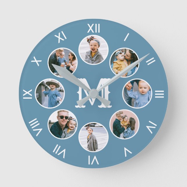Reloj Redondo Mediano Monograma Collage de fotos Números romanos Azul (Anverso)