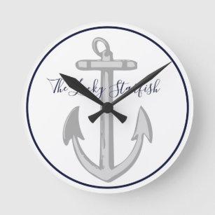 Reloj Redondo Mediano Monograma costero de ancla azul de la Marina Náuti