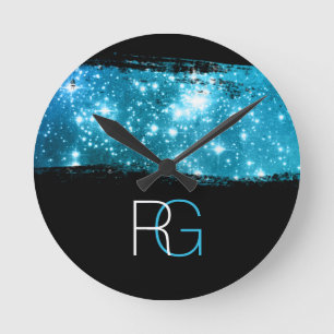 Reloj Redondo Mediano Monograma de bricolaje blanco y azul, pincelada de