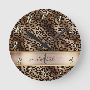 Reloj Redondo Mediano Monograma de Bronce Negro con Estampado de Leopard