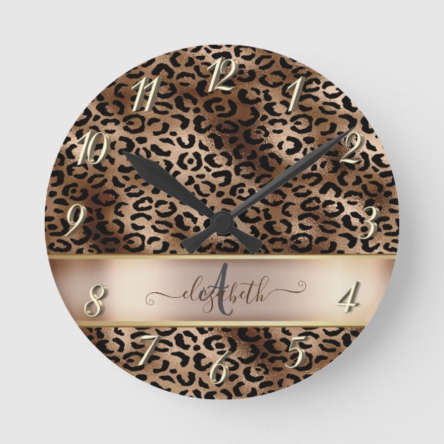 Reloj Redondo Mediano Monograma de Bronce Negro con Estampado de Leopard (Anverso)