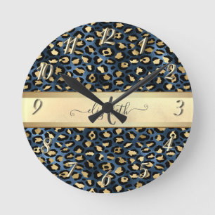 Reloj Redondo Mediano Monograma de Bronce Negro con Estampado de Leopard
