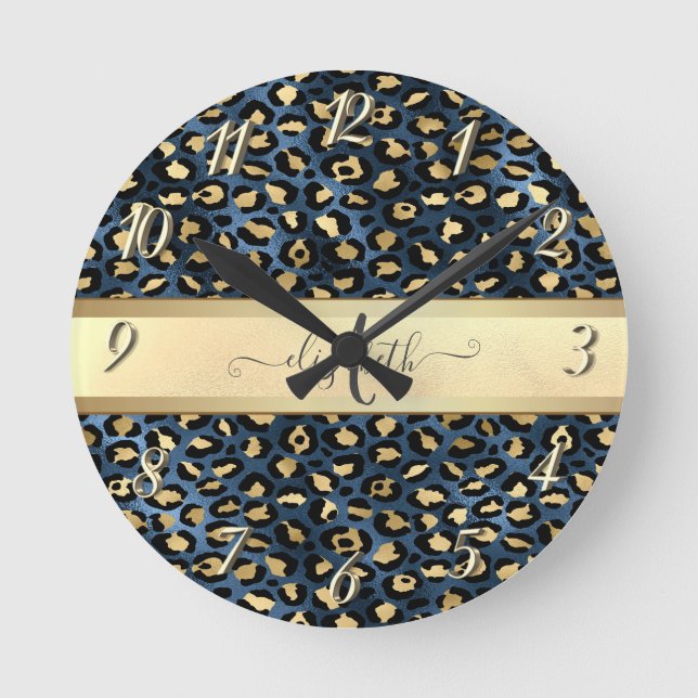 Reloj Redondo Mediano Monograma de Bronce Negro con Estampado de Leopard (Anverso)