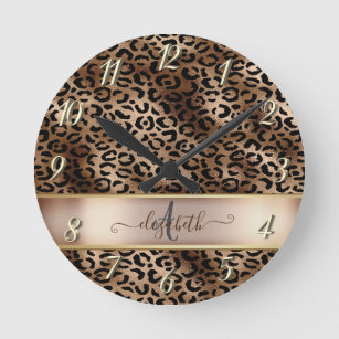 Reloj Redondo Mediano Monograma de bronce negro patrón leopardo