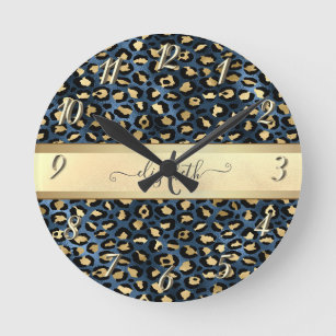 Reloj Redondo Mediano Monograma de bronce negro patrón leopardo
