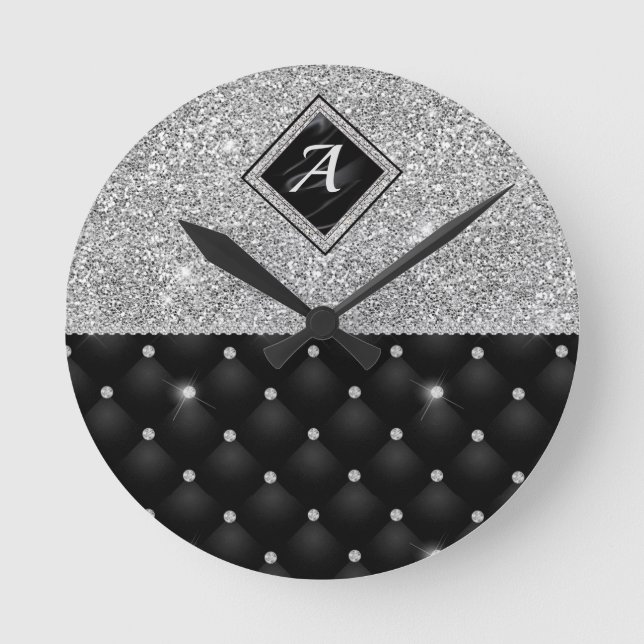 Reloj Redondo Mediano Monograma de diamante negro fino de cristal platea (Anverso)