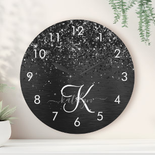 Reloj Redondo Mediano Monograma de espuma de Purpurina negro personaliza