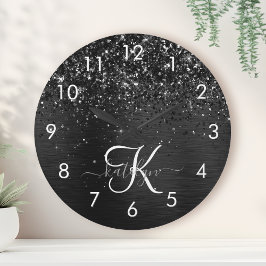 Reloj Redondo Mediano Monograma de espuma de Purpurina negro personaliza