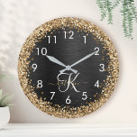 Reloj Redondo Mediano Monograma de espuma negra Purpurina de oro persona<br><div class="desc">Personalice fácilmente este elegante diseño de reloj de moda con un purpurina brillante de bonito dorado sobre un fondo metálico negro cepillado.</div>