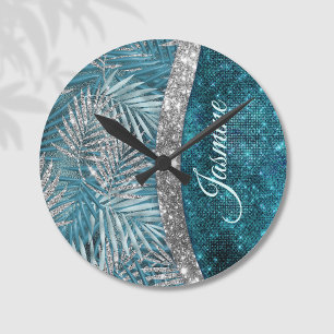 Reloj Redondo Mediano Monograma de hojas con brillo plateado y turquesa