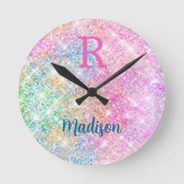 Reloj Redondo Mediano Monograma de imitación rosa de iridiscino blanco u