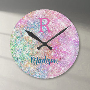 Reloj Redondo Mediano Monograma de imitación rosa de iridiscino blanco u