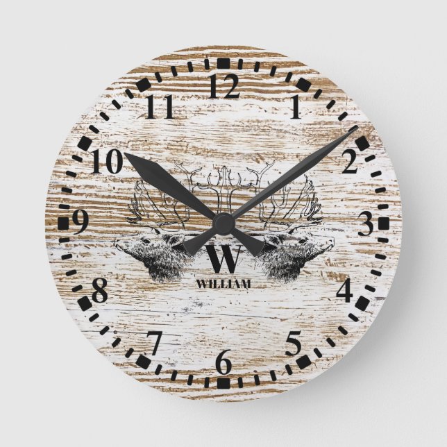 Reloj Redondo Mediano Monograma de la madera rústica de los ciervos (Anverso)
