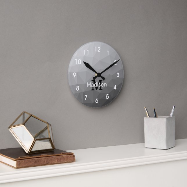 Reloj Redondo Mediano Monograma de Malla Geométrica con Gradiente Gris (Oficina)