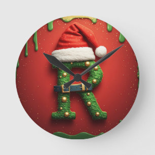 Reloj Redondo Mediano Monograma de Navidad R con sombrero de Santa – Reg
