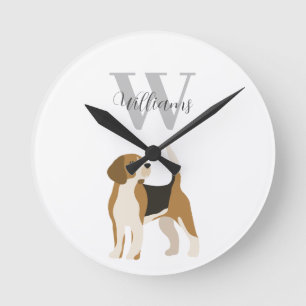Reloj Redondo Mediano Monograma de nombre de perro Beagle en acuarela 
