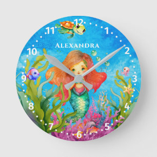Reloj Redondo Mediano Monograma de nombre lindo Sirena y Tortugas