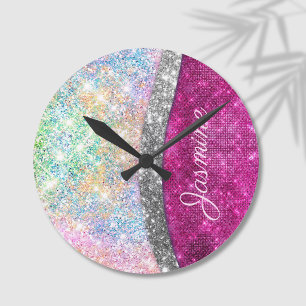 Reloj Redondo Mediano Monograma de purpurina de imitación plateado rosad