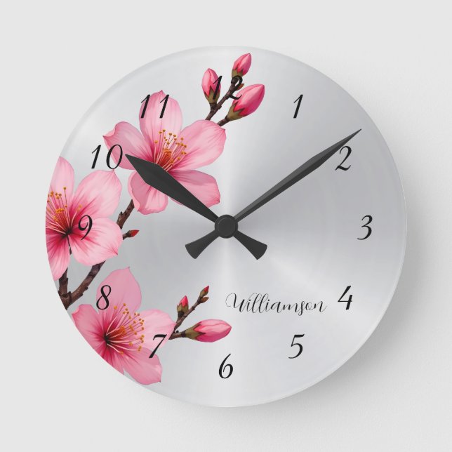 Reloj Redondo Mediano Monograma de Relieve metalizado plateado de flores (Anverso)