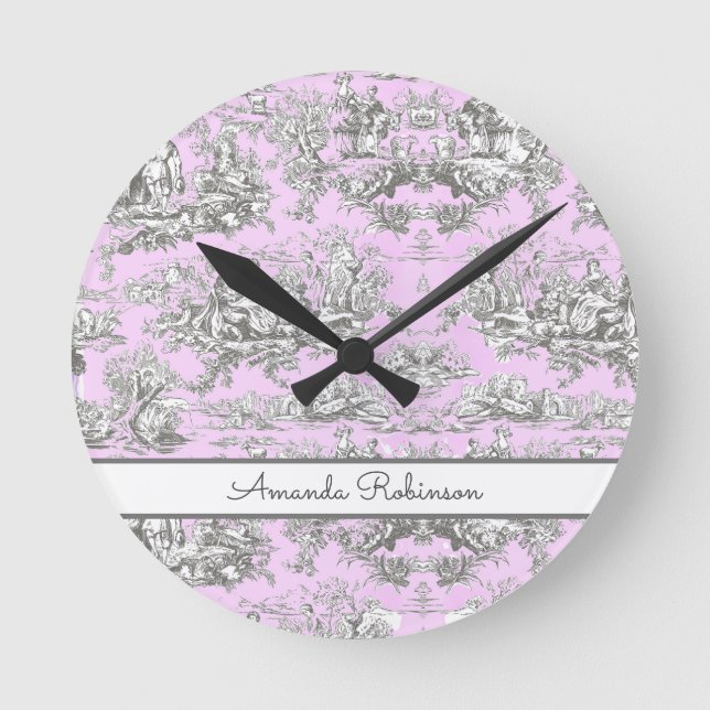 Reloj Redondo Mediano Monograma de tela de jouy rosa de lago floral de v (Anverso)