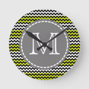 Reloj Redondo Mediano Monograma de zigzag verde negro
